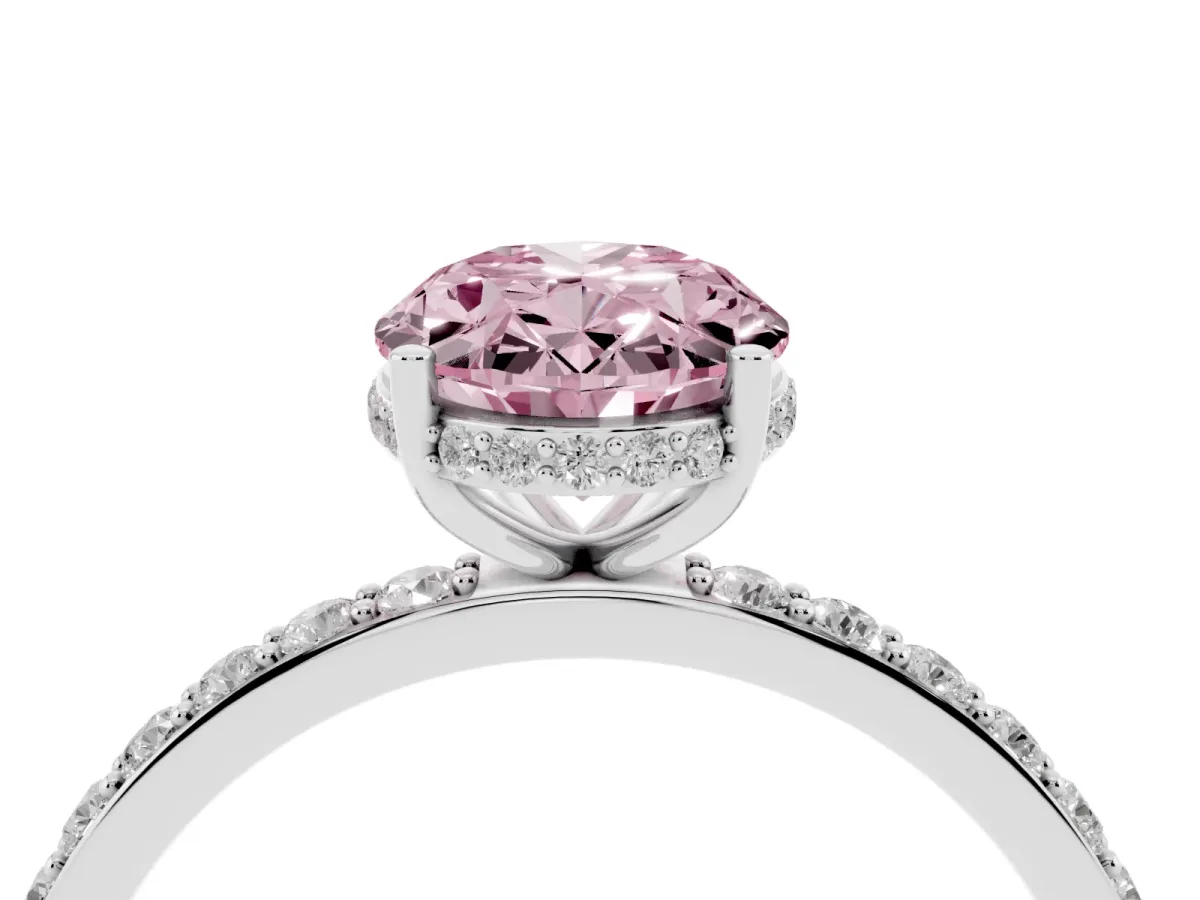 Fancy Pink Oval Cut Diamond Solitaire Ring with Pavé Band and Hidden Halo Silver