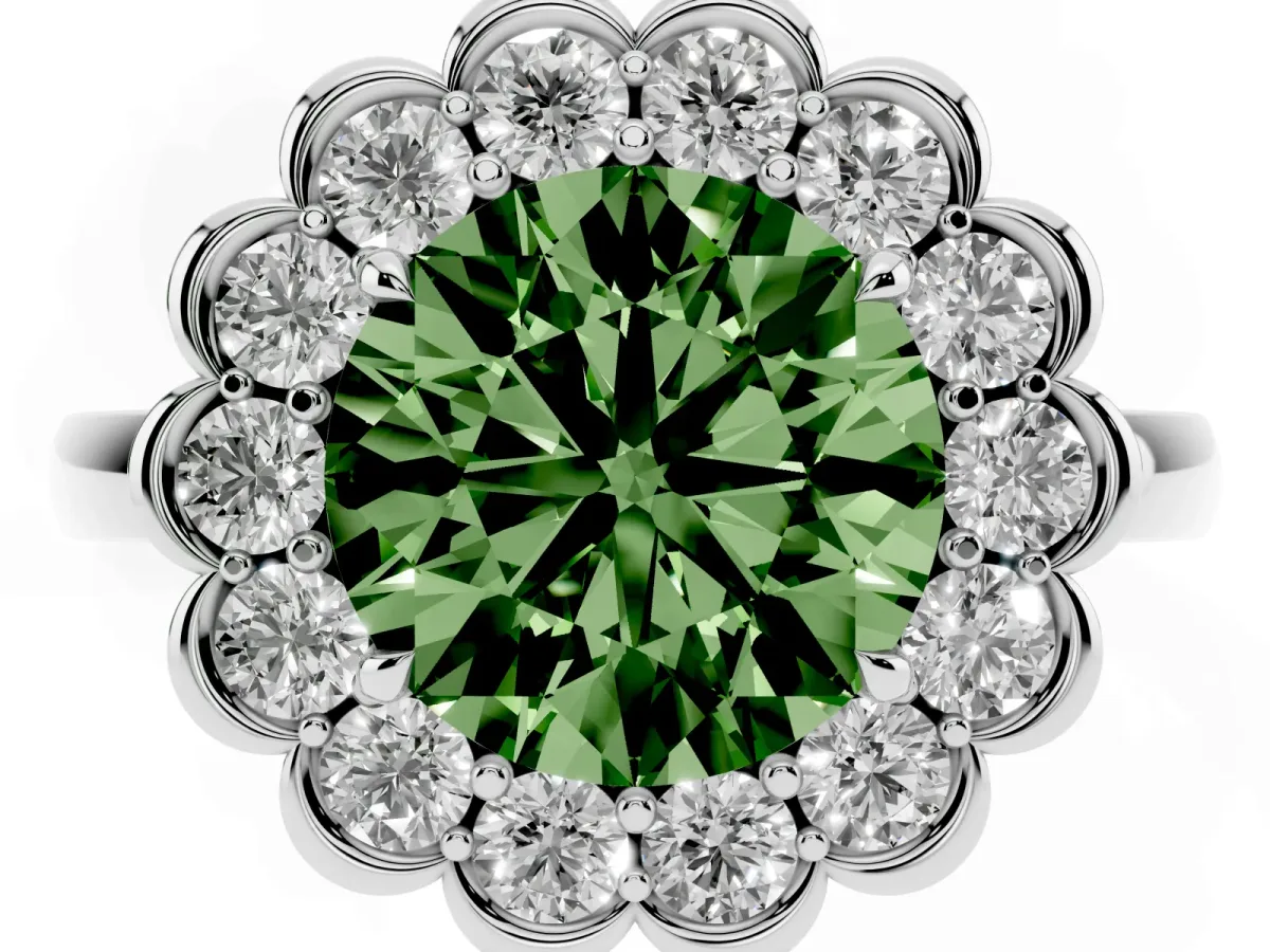 Fancy Green Round Cut Halo Cluster Diamond Engagement Ring with Solitaire Band and Prong Setting Platinum