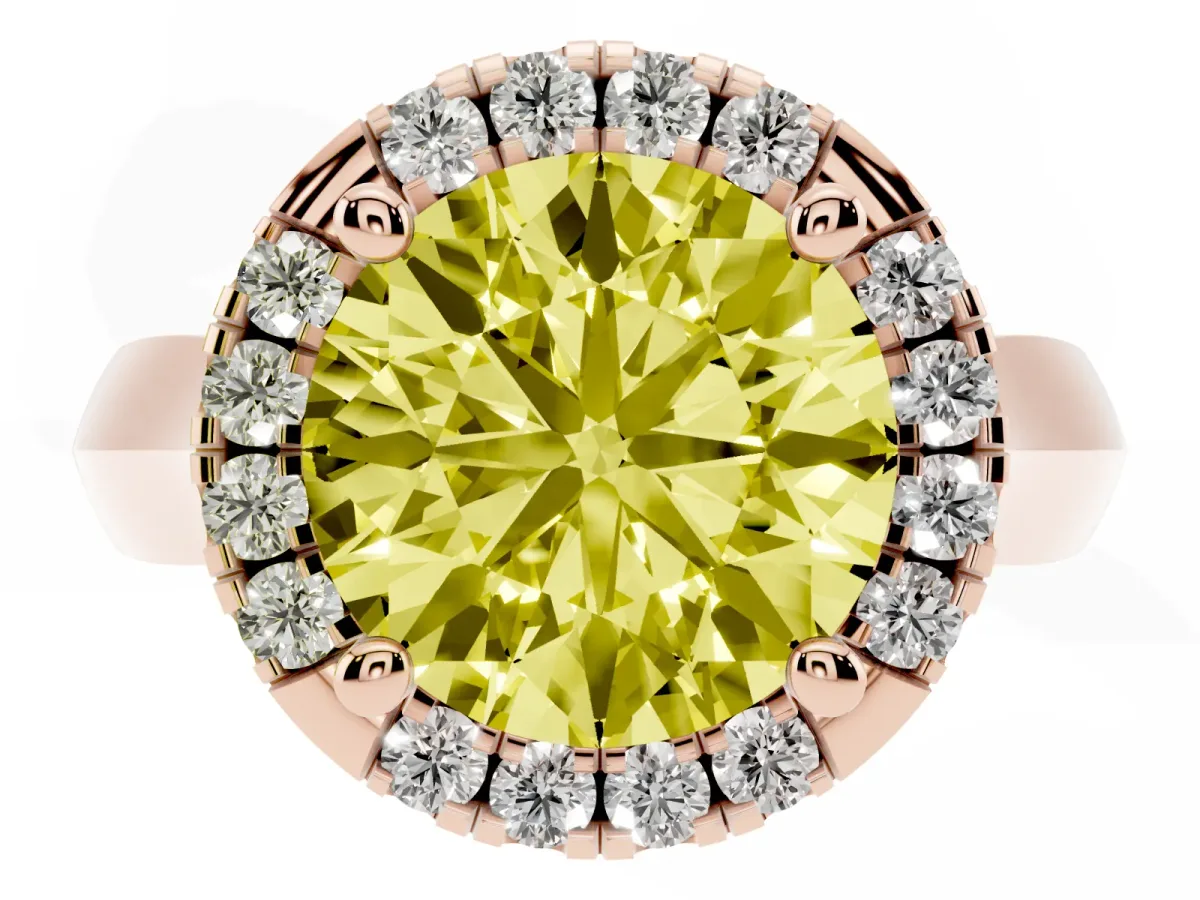 Fancy Yellow Round Cut Cut Halo Solitaire Engagement Ring with Square Band and Four-Prong Setting Rose gold