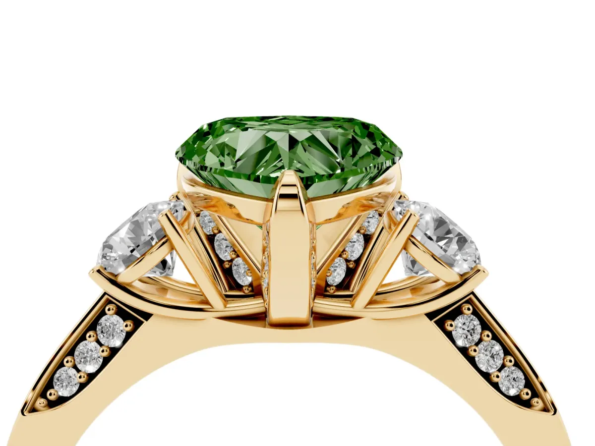 Fancy Green Heart Cut Brilliant Three-Stone Diamond Ring with Pavé Band and Four-Prong Setting Yellow gold