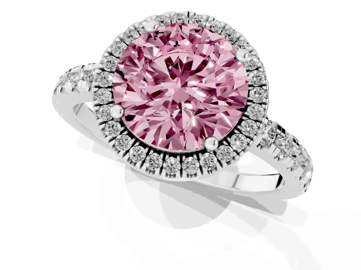 Fancy Pink Round Cut Diamond Halo Ring with Pavé Band and Four-Prong Setting Platinum