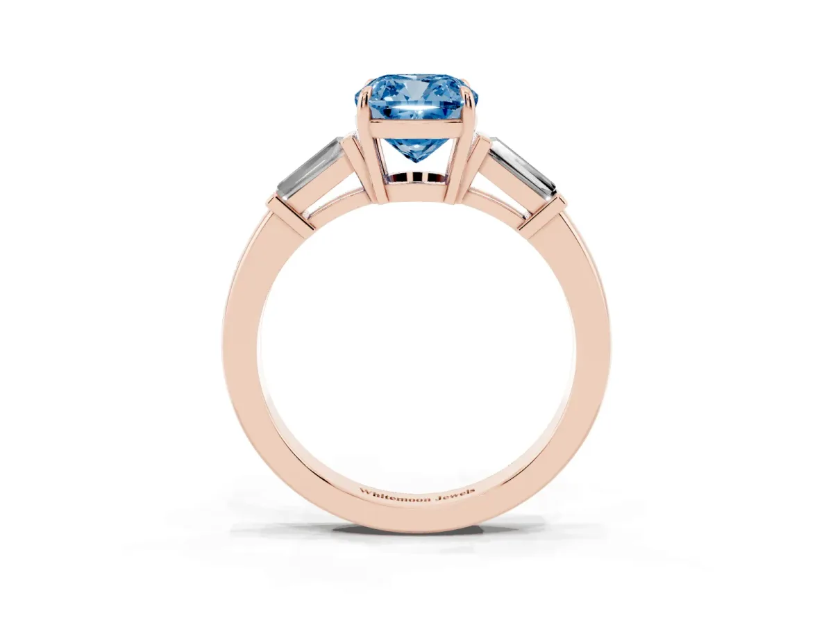Fancy Blue Cushion Cut Diamond Three-Stone Ring with Tapered Baguette Side Stones and Prong Setting Rose gold