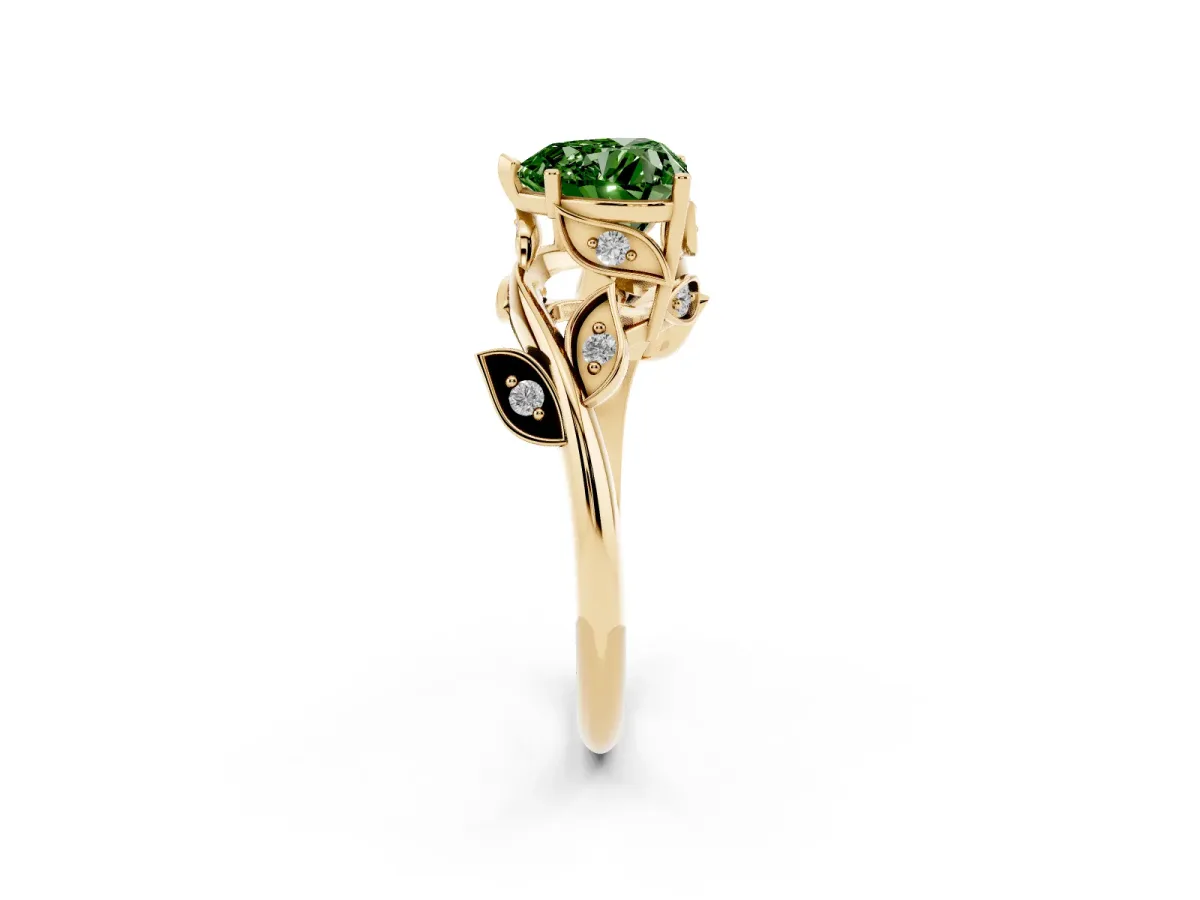 Fancy Green Heart Cut Solitaire Twist Engagement Ring with Leaf Accents and Prong Setting Yellow gold