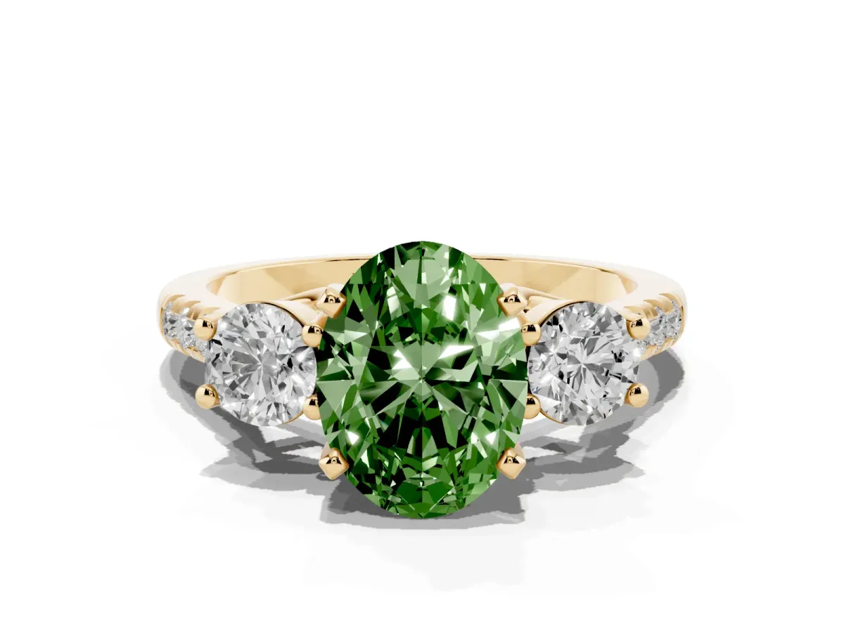 Fancy Green Three-Stone Oval Cut Diamond Pavé Band with Four-Prong Setting Yellow gold