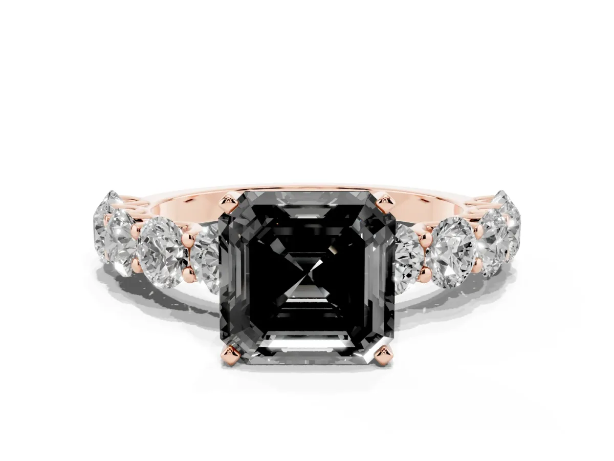 Fancy Black Asscher Cut Diamond Prong Setting with Side Stones on a Pave Band Rose gold