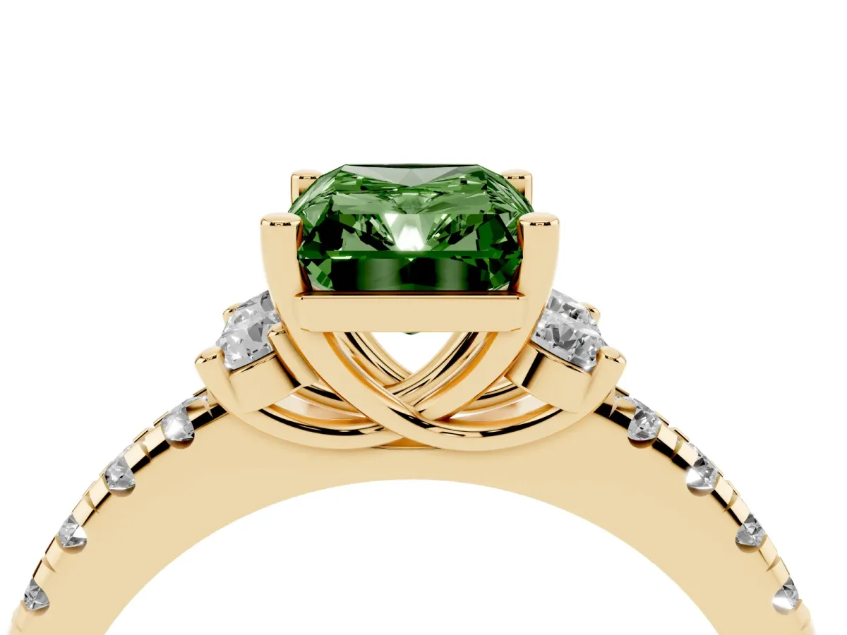 Fancy Green Radiant Cut Diamond Three-Stone Pave Band with Four-Prong Setting Yellow gold