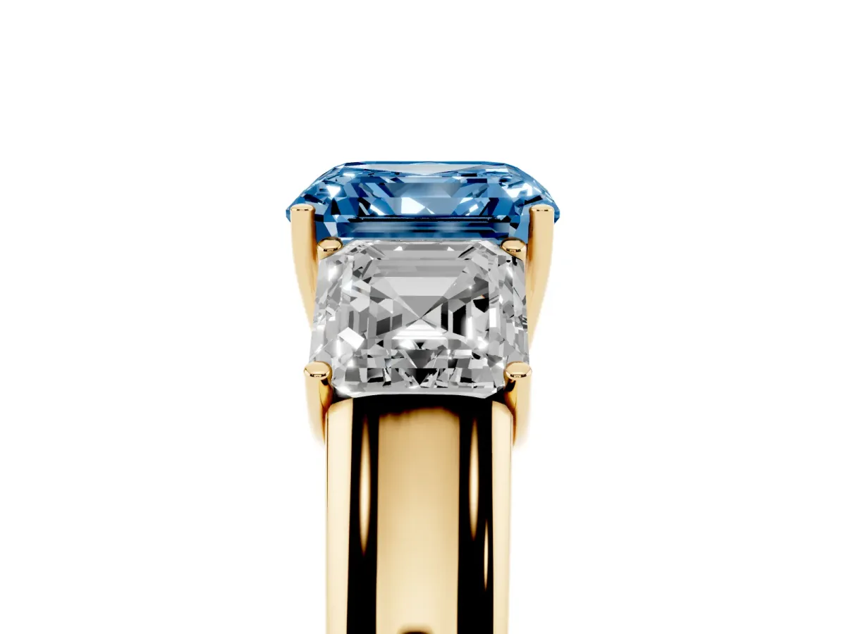 Fancy Blue Three-Stone Asscher Cut Cut Diamond Ring with Prong Setting and Classic Band Yellow gold