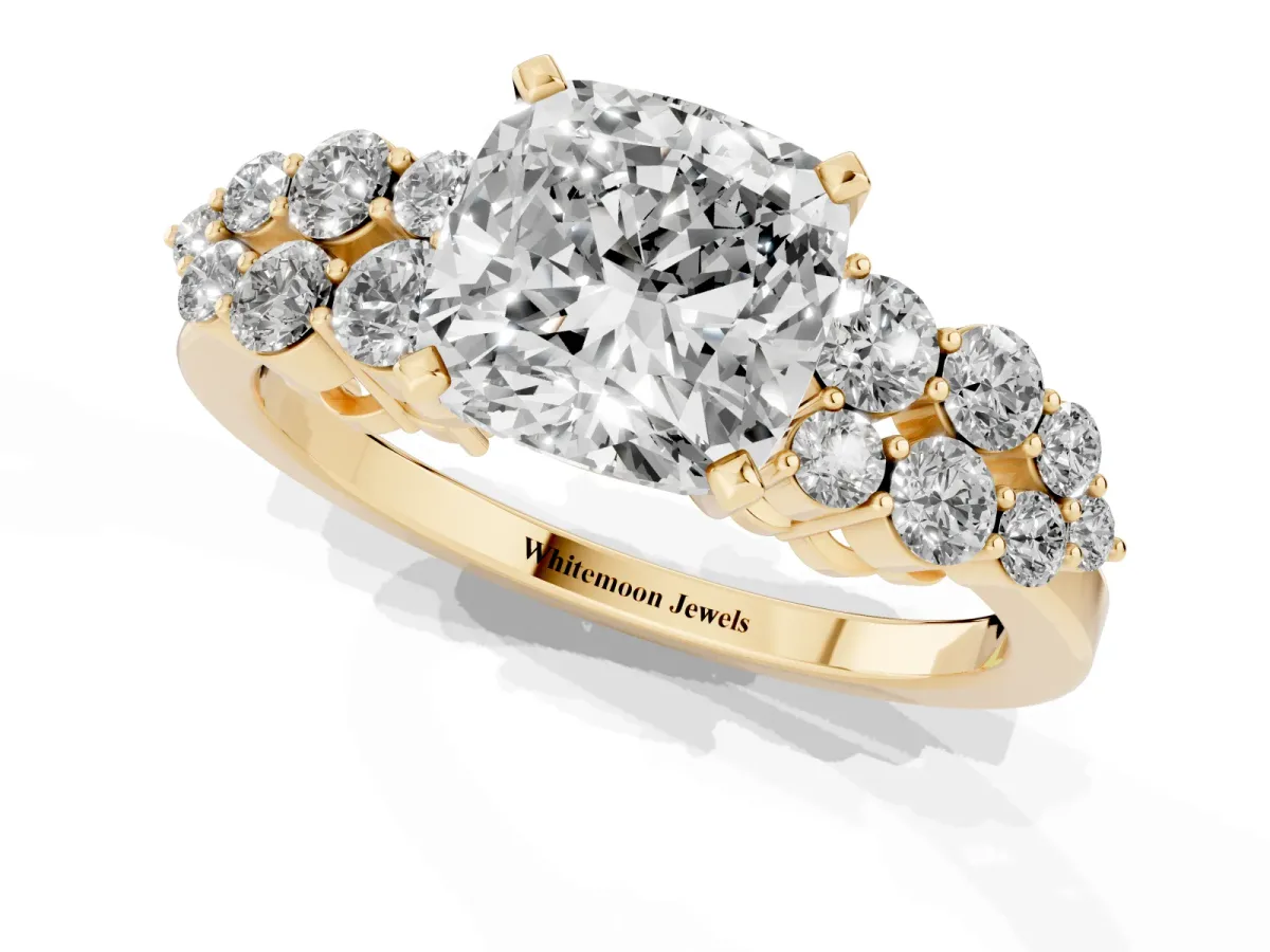 Cushion Cut Cluster Diamond Engagement Ring with Pavé Band and Four-Prong Setting Yellow gold