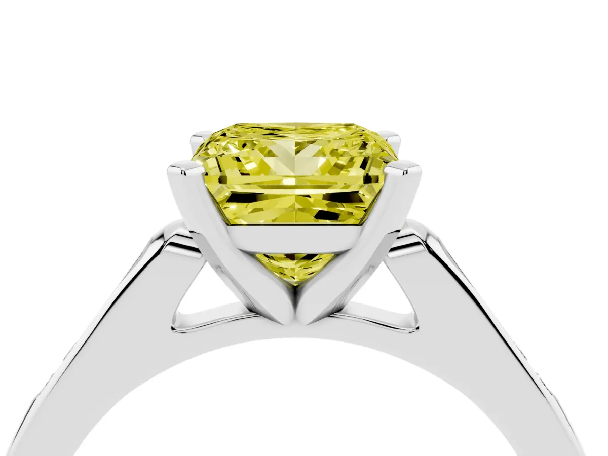 Fancy Yellow Princess Cut Diamond Solitaire Ring with Channel Set Round Band and Prong Setting Platinum