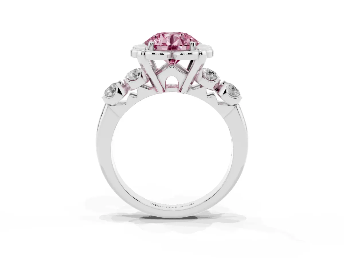 Fancy Pink Round Cut Cut Diamond Floral Halo Engagement Ring with Shared Prong Setting Silver