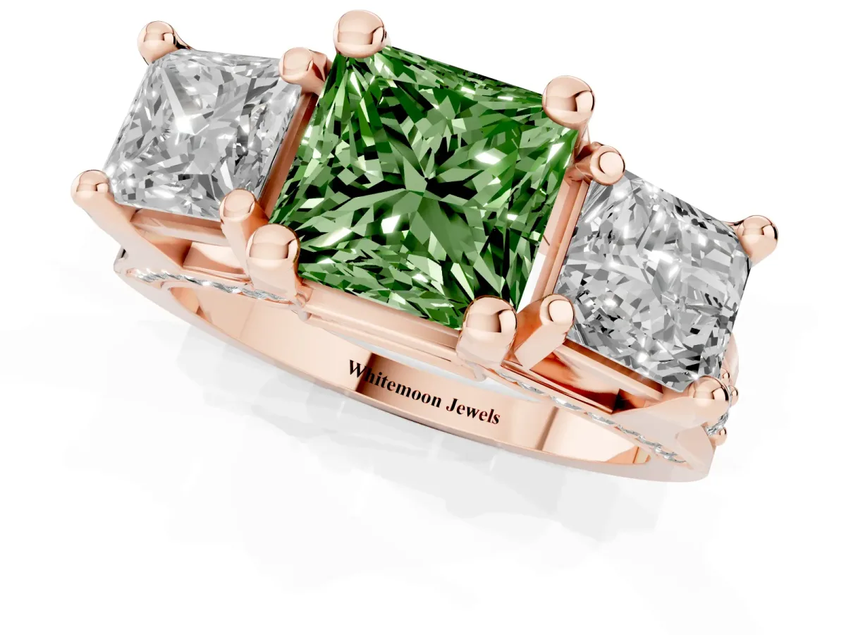 Fancy Green Princess Cut Diamond Three-Stone Ring with Channel Set Band and Four-Prong Setting Rose gold