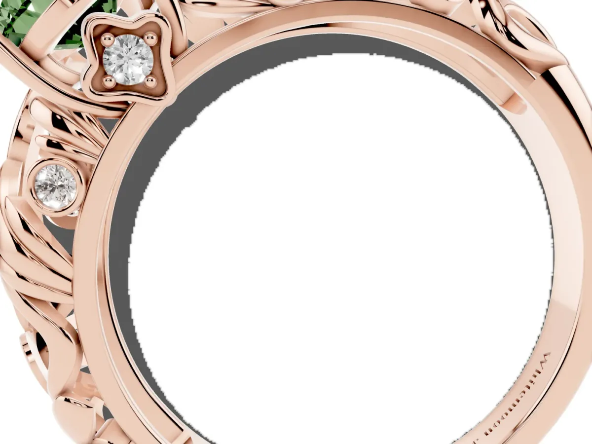 Fancy Green Pear Cut Solitaire Diamond Leaf-Inspired Vine Band Ring with Prong Setting Rose gold