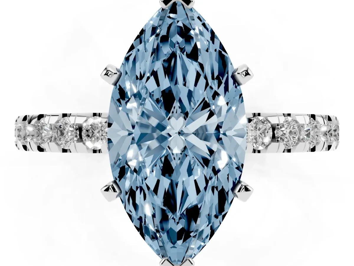 Fancy Blue Marquise Cut Diamond Solitaire Ring with Round Pavé Band and Four-Prong Setting Platinum