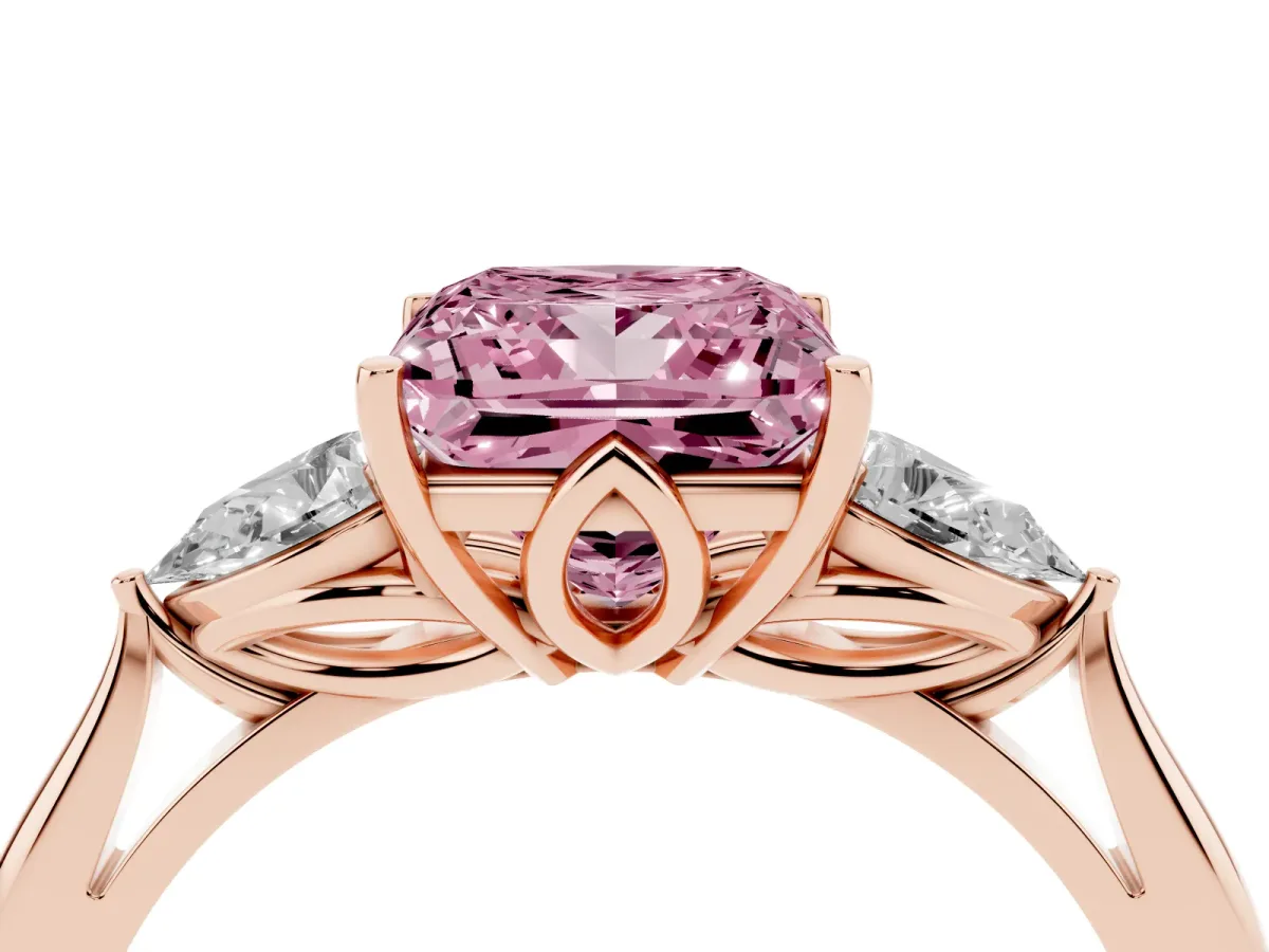Fancy Pink Princess Cut Diamond Three-Stone Ring with Pear Side Stones and Prong Setting Rose gold