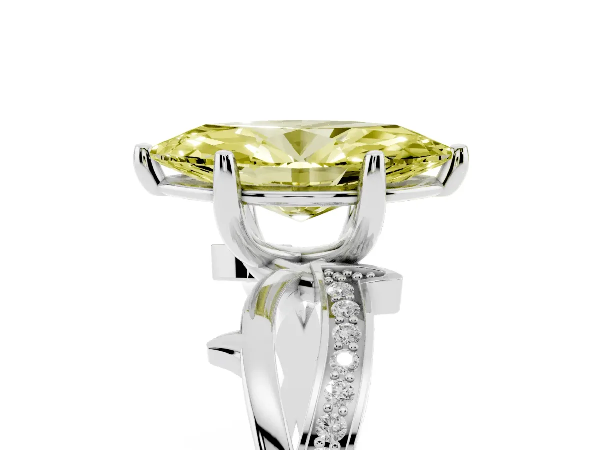 Fancy Yellow Marquise Cut Solitaire Twist Band with Pavé Accents and Four-Prong Setting Silver