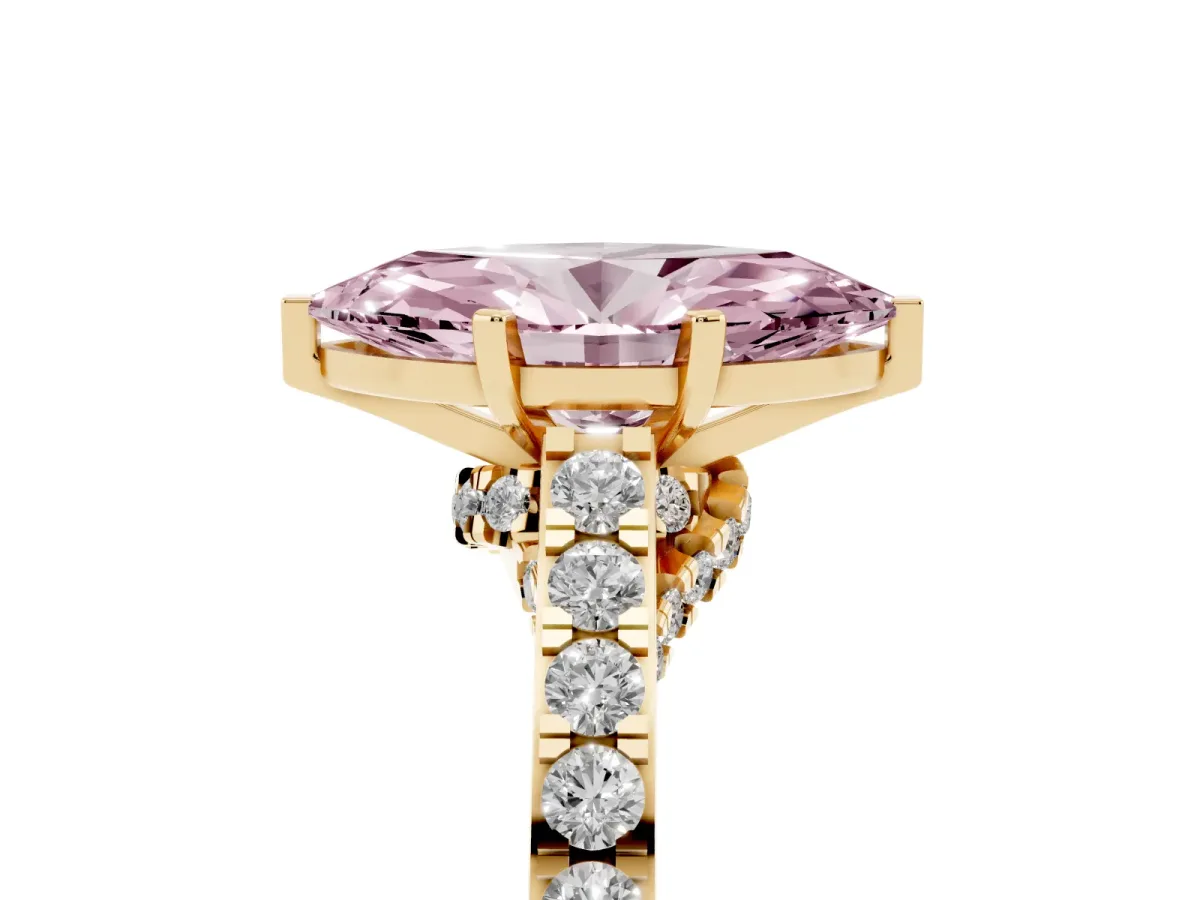 Fancy Pink Marquise Cut Diamond Solitaire Ring with Crossover Gallery and Round Pavé Band Yellow gold