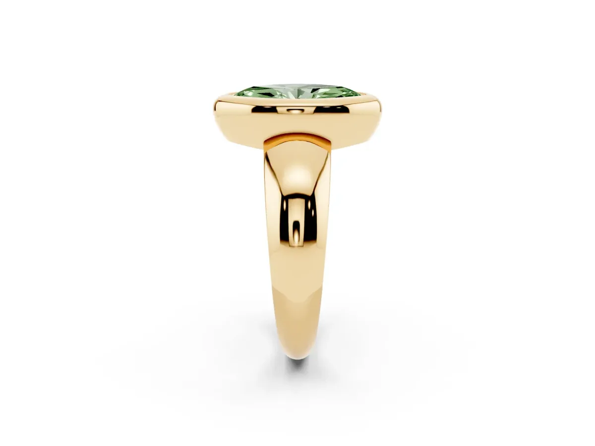 Fancy Green Bezel Set Marquise Cut Solitaire Ring with Wide Band Yellow gold
