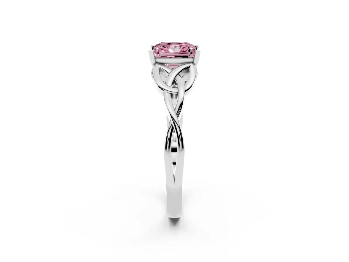 Fancy Pink Princess Cut Diamond Solitaire Engagement Ring with Celtic Knot Band and Four-Prong Setting White gold