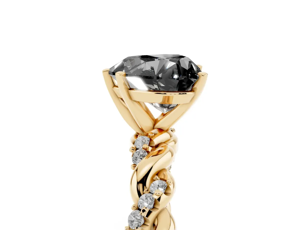 Fancy Black Heart Cut Diamond Solitaire Ring with Twisted Band and Pavé Accents Yellow gold