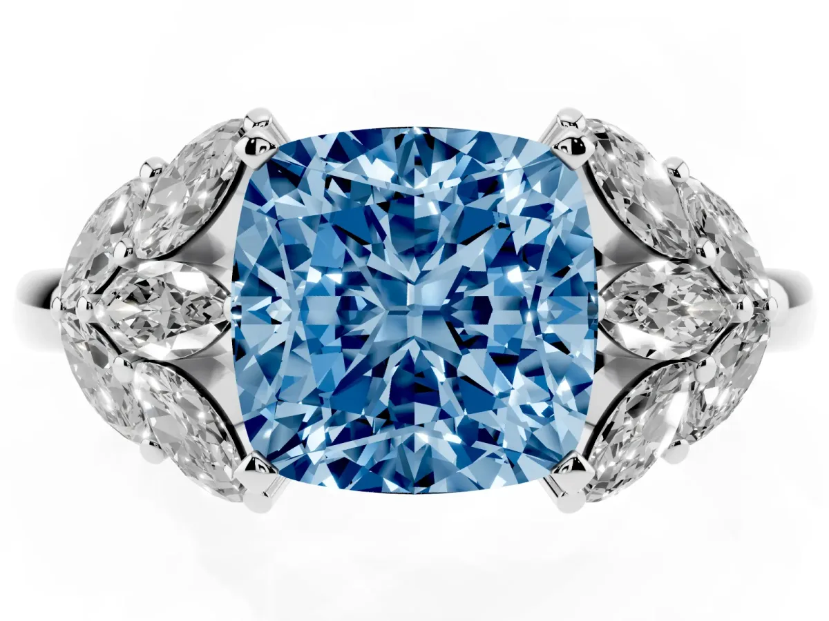 Fancy Blue Cushion Cut Diamond Cluster Leaf Design Ring with Prong Setting Silver