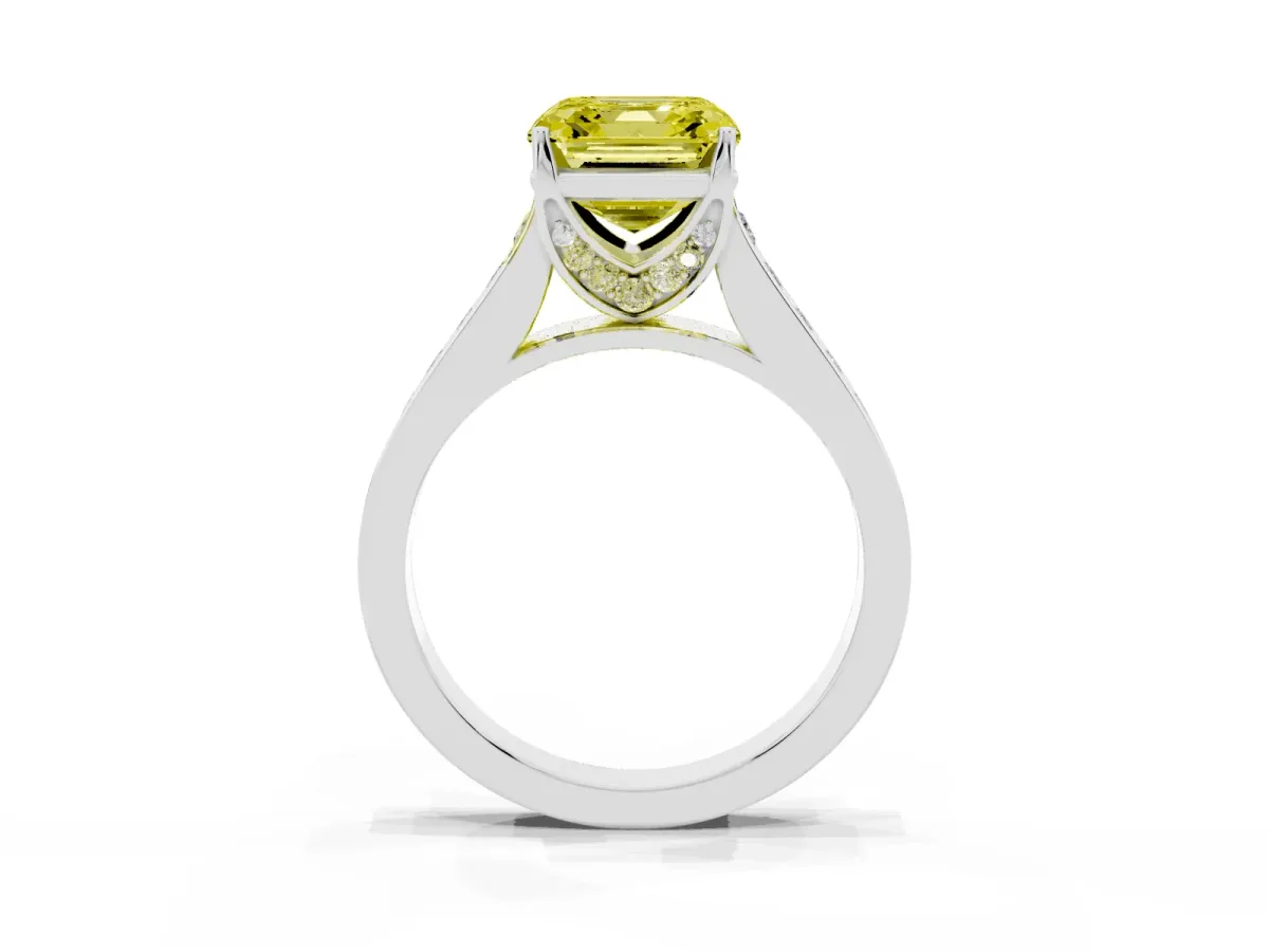 Fancy Yellow Asscher Cut Brilliant Cut Diamond Engagement Ring with Pavé Band and Four-Prong Setting Silver