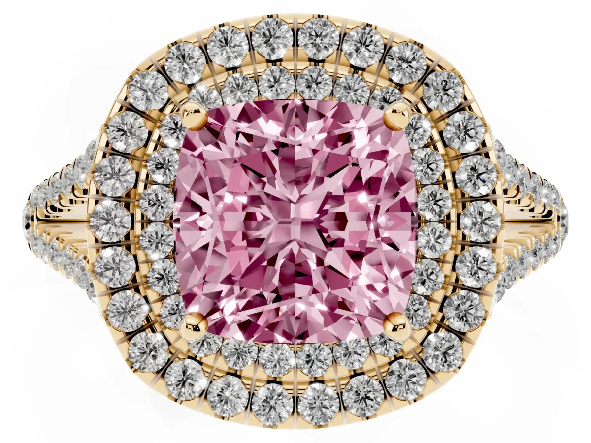 Fancy Pink Cushion Cut Diamond Double Halo Ring with Pavé Band and Prong Setting Yellow gold