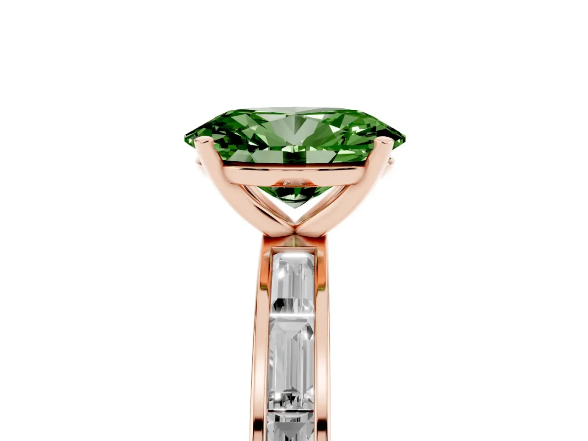 Fancy Green Oval Cut Solitaire Diamond Ring with Channel-Set Baguette Band and Four-Prong Setting Rose gold