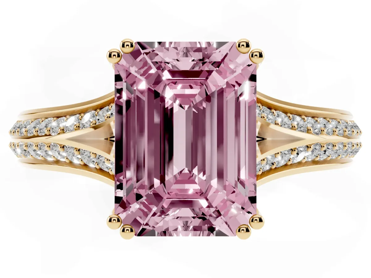 Fancy Pink Emerald Cut Diamond Split Shank Engagement Ring with Pavé Band Yellow gold