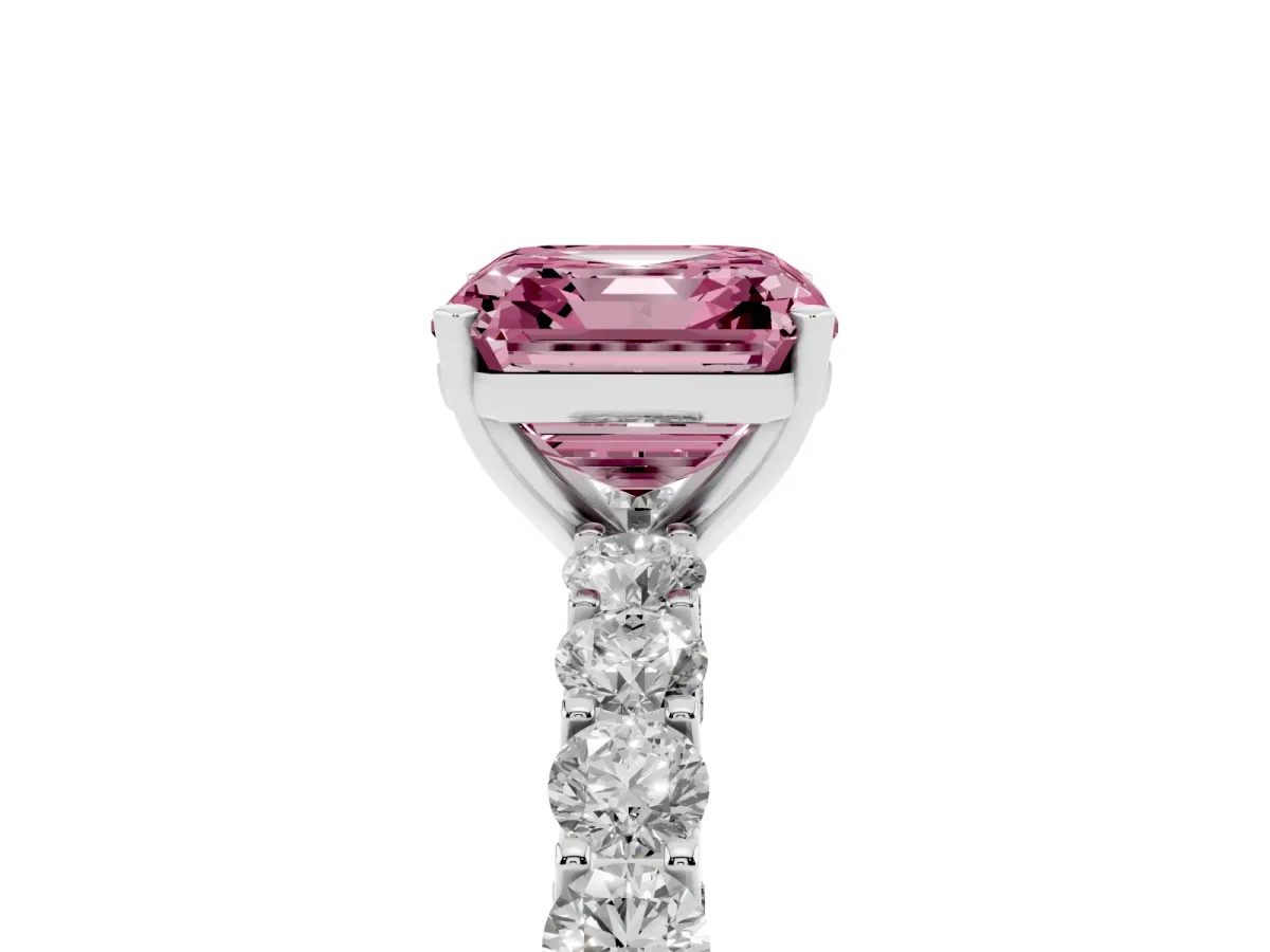 Fancy Pink Asscher Cut Diamond Solitaire Ring with Shared Prong Pavé Band and Four-Prong Setting Silver