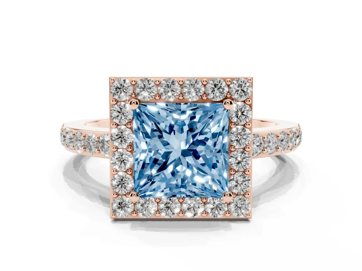 Fancy Blue Princess Cut Halo Diamond Pavé Band Ring with Prong Setting Rose gold