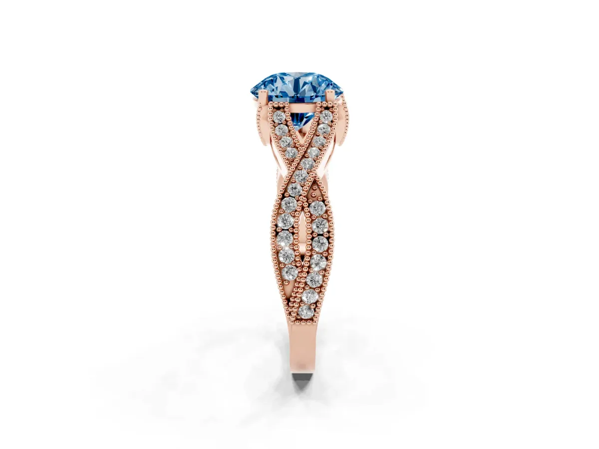 Fancy Blue Round Cut Cut Diamond Twisted Band with Milgrain Pave Setting and Four-Prong Setting Rose gold