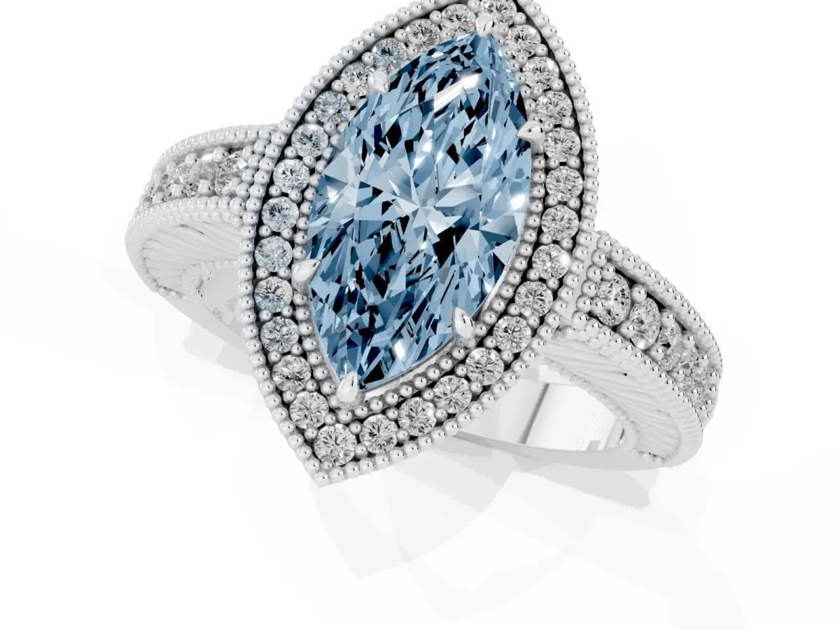 Fancy Blue Marquise Cut Cut Halo Diamond Ring with Pavé Band and Four-Prong Setting White gold