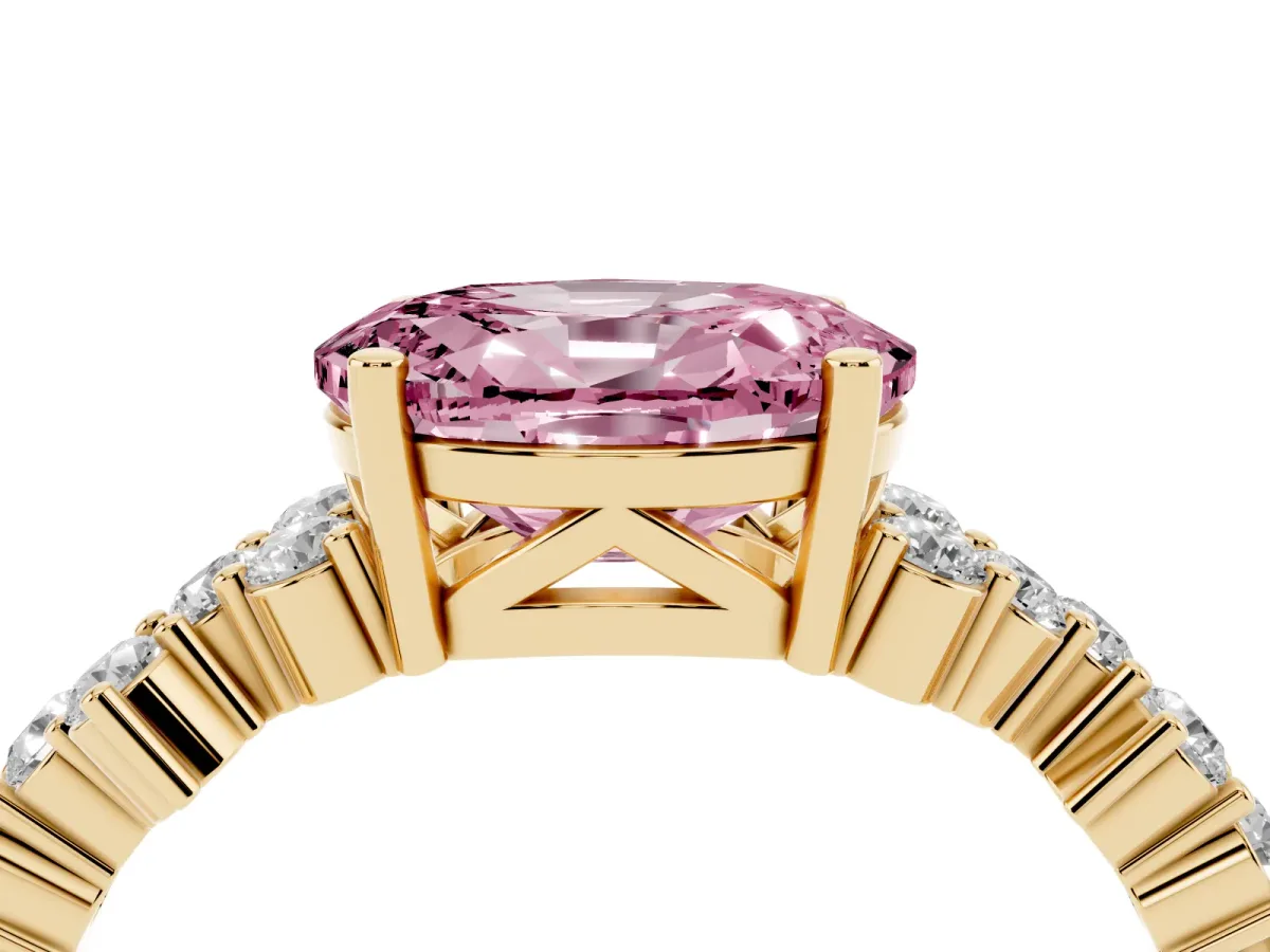 Fancy Pink Oval Cut Diamond Scattered Round Accent Ring with Prong Setting Yellow gold