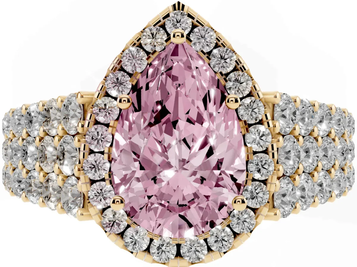 Fancy Pink Pear Cut Diamond Halo Engagement Ring with Triple Row Round Pavé Band and Prong Setting Yellow gold