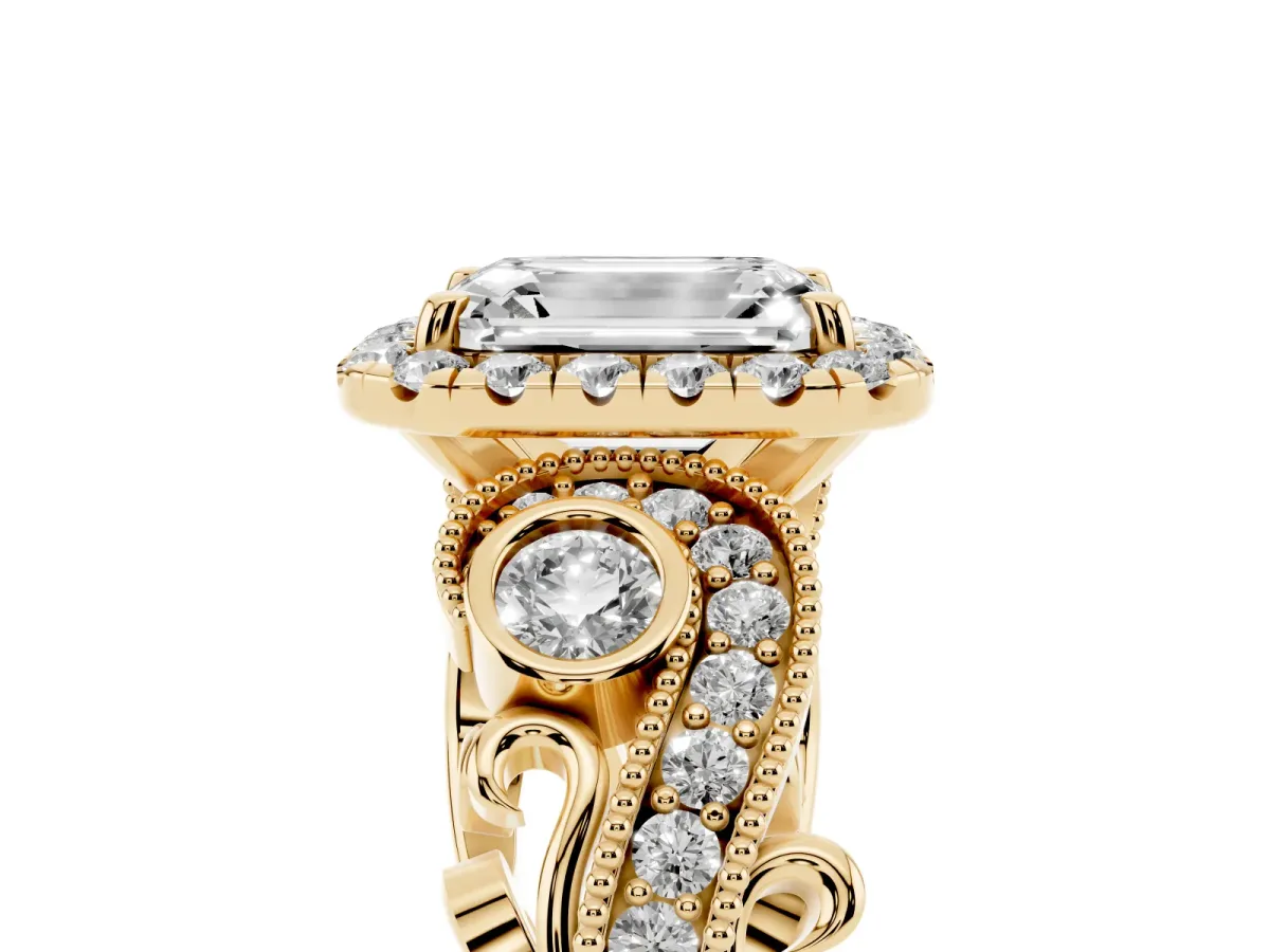 Emerald Cut Diamond Halo Ring with Milgrain Pavé Band and Four-Prong Setting Yellow gold
