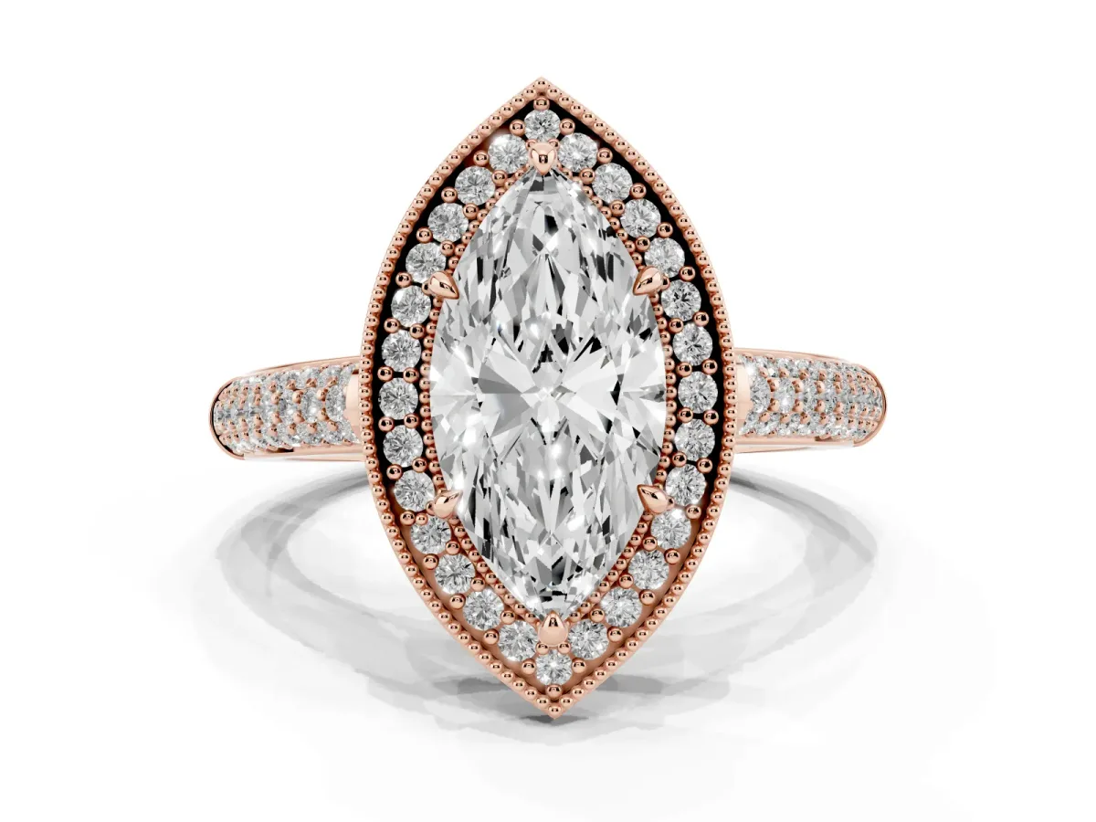 Marquise Cut Cut Halo Diamond Pave Band with Four-Prong Setting Rose gold