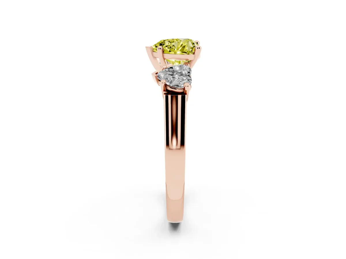 Fancy Yellow Three-Stone Heart Cut Brilliant Diamond Trellis Ring with Comfort Fit Band Rose gold