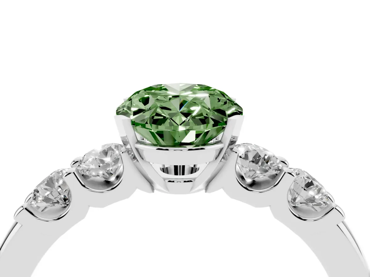 Fancy Green Oval Cut Brilliant Cut Diamond Five-Stone Prong Set Engagement Ring with Channel Band Silver