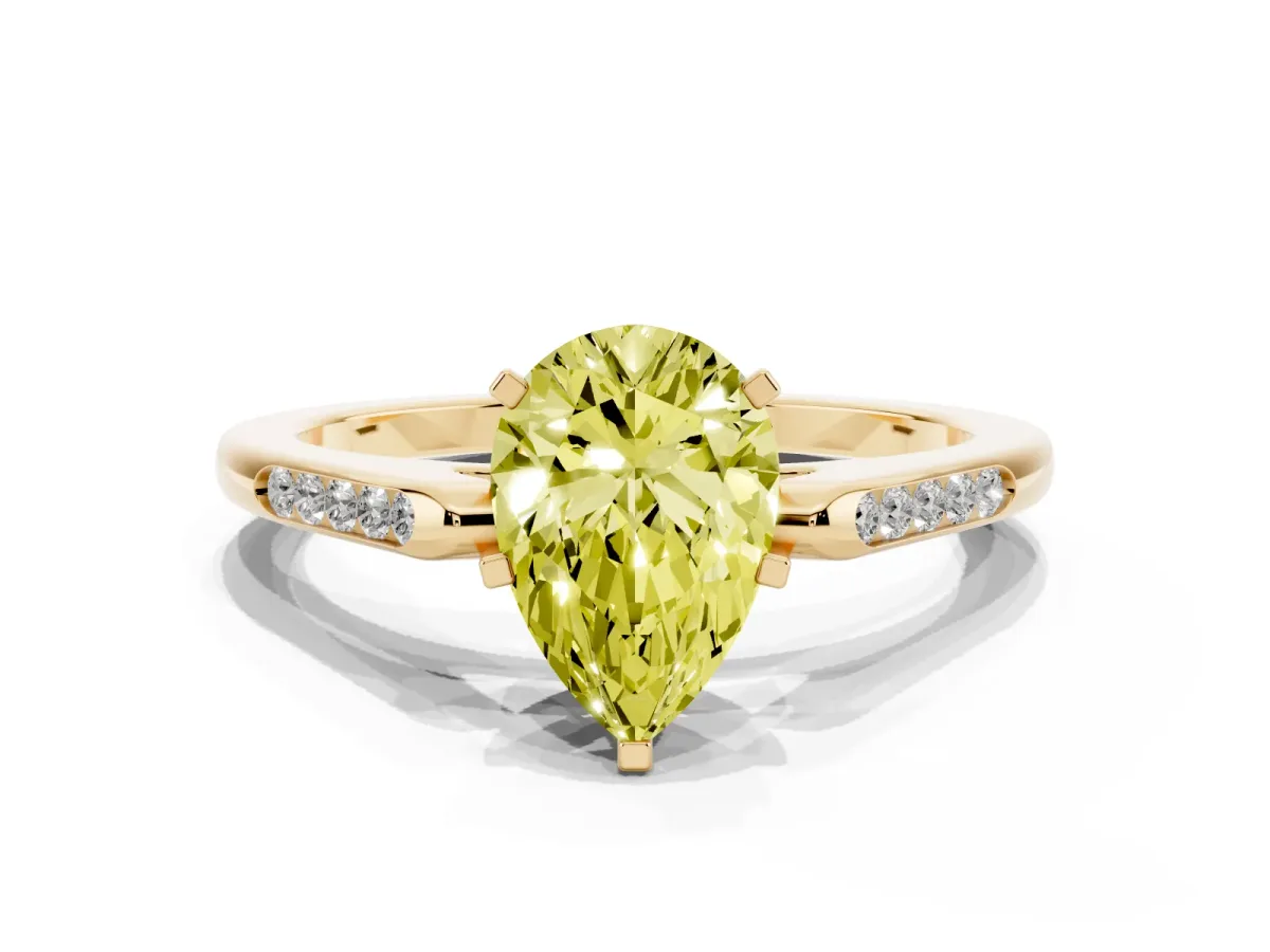 Fancy Yellow Pear Cut Diamond Solitaire Ring with Channel Set Round Band and Prong Setting Yellow gold
