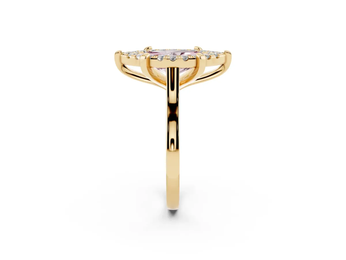 Fancy Pink Marquise Cut Diamond Cluster Halo Solitaire with Four-Prong Setting Yellow gold