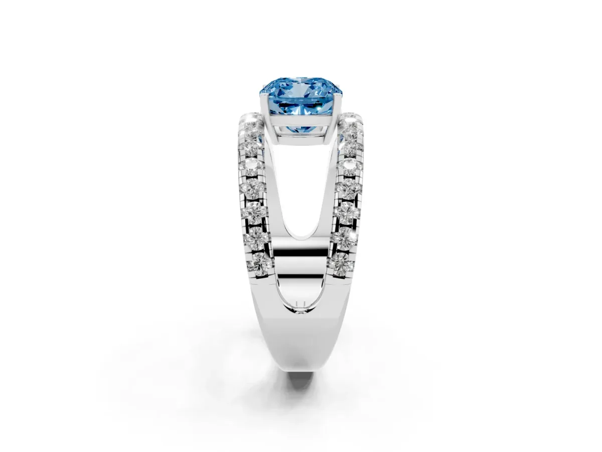 Fancy Blue Cushion Cut Solitaire Split Shank Pave Diamond Ring Platinum