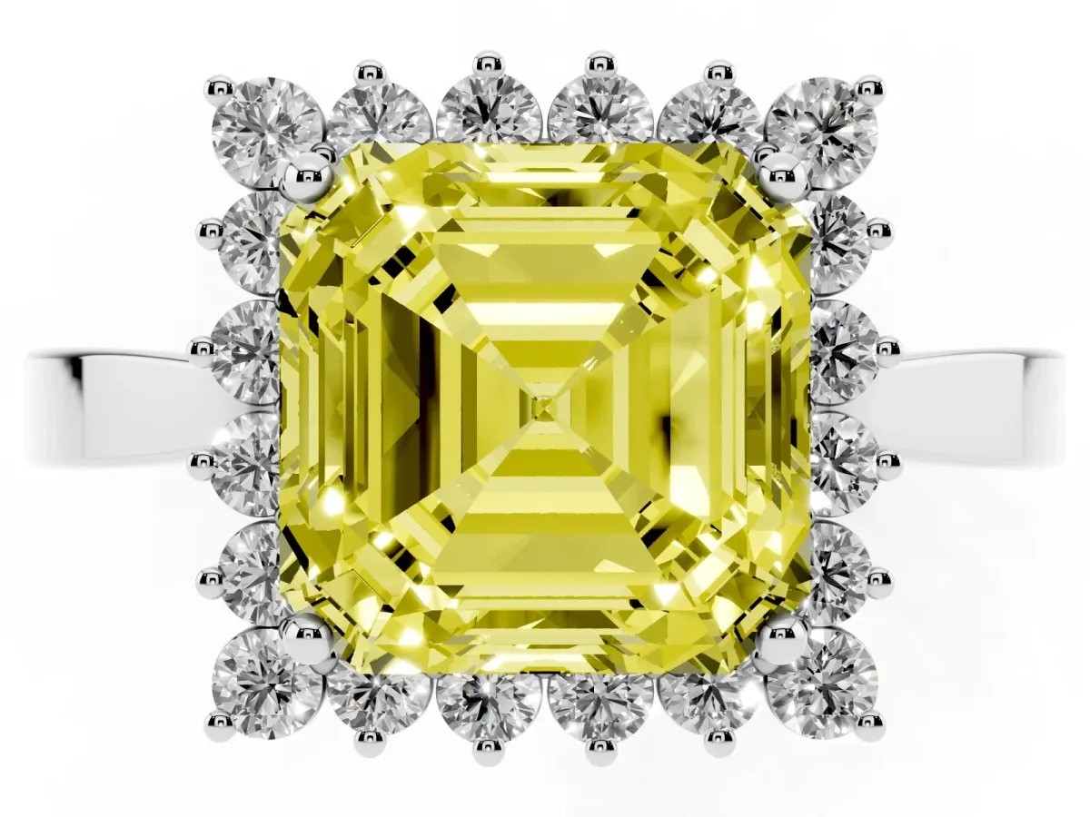Fancy Yellow Asscher Cut Cut Diamond Halo Ring with Round Brilliant Halo and Solitaire Band Silver