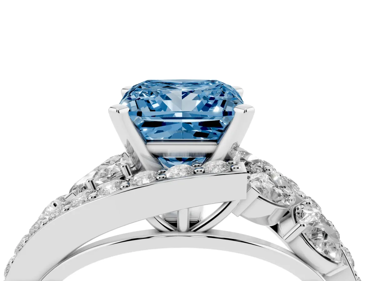 Fancy Blue Princess Cut Diamond Halo Ring with Marquise and Pavé Band in Prong Setting White gold