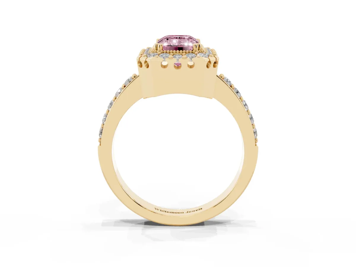 Fancy Pink Emerald Cut Diamond Halo Ring with Pavé Band and Prong Setting Yellow gold