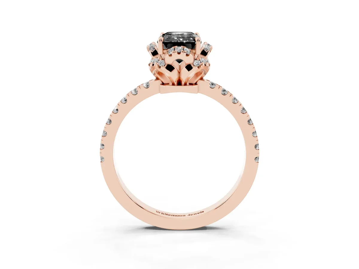 Fancy Black Emerald Cut Diamond Halo Pave Band with Four-Prong Setting Rose gold