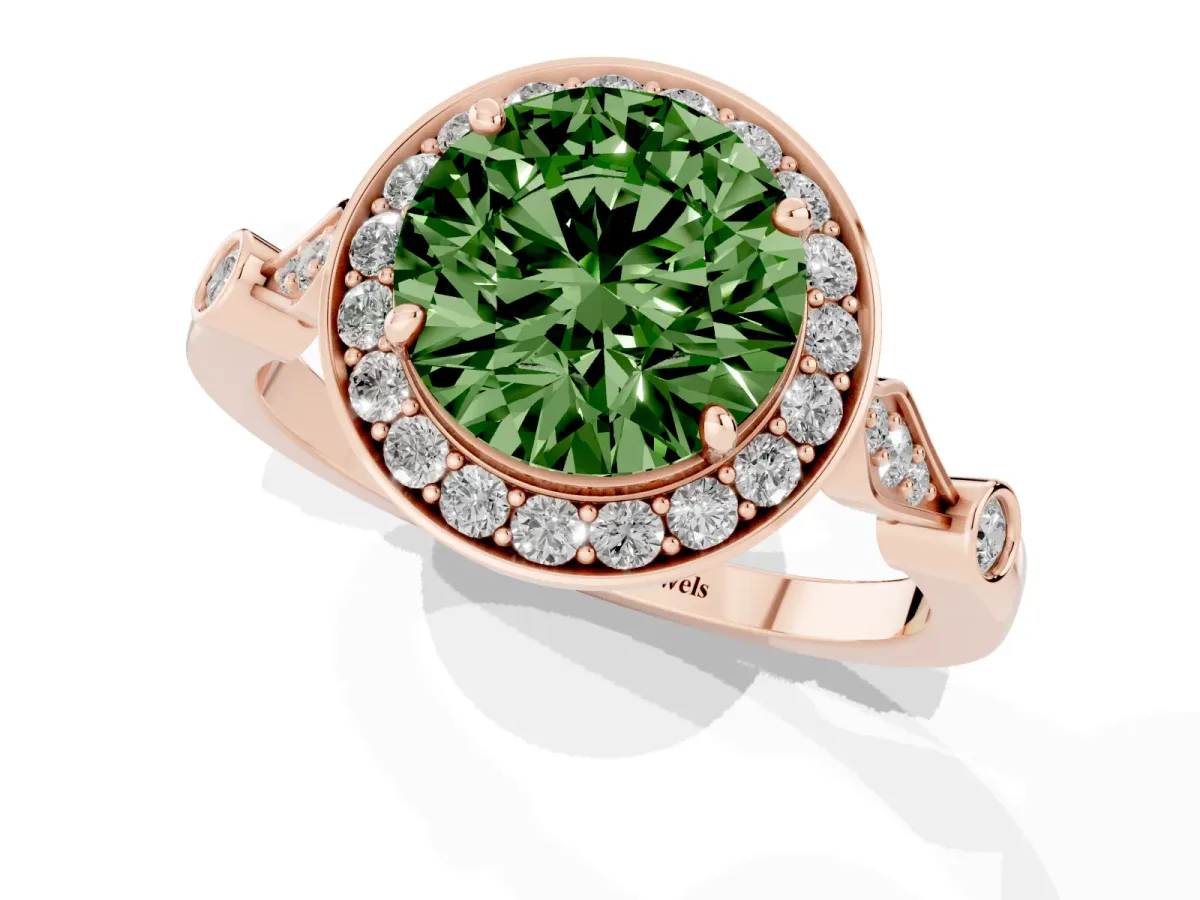 Fancy Green Round Cut Halo Diamond Engagement Ring with Twisted Band and Four-Prong Setting Rose gold
