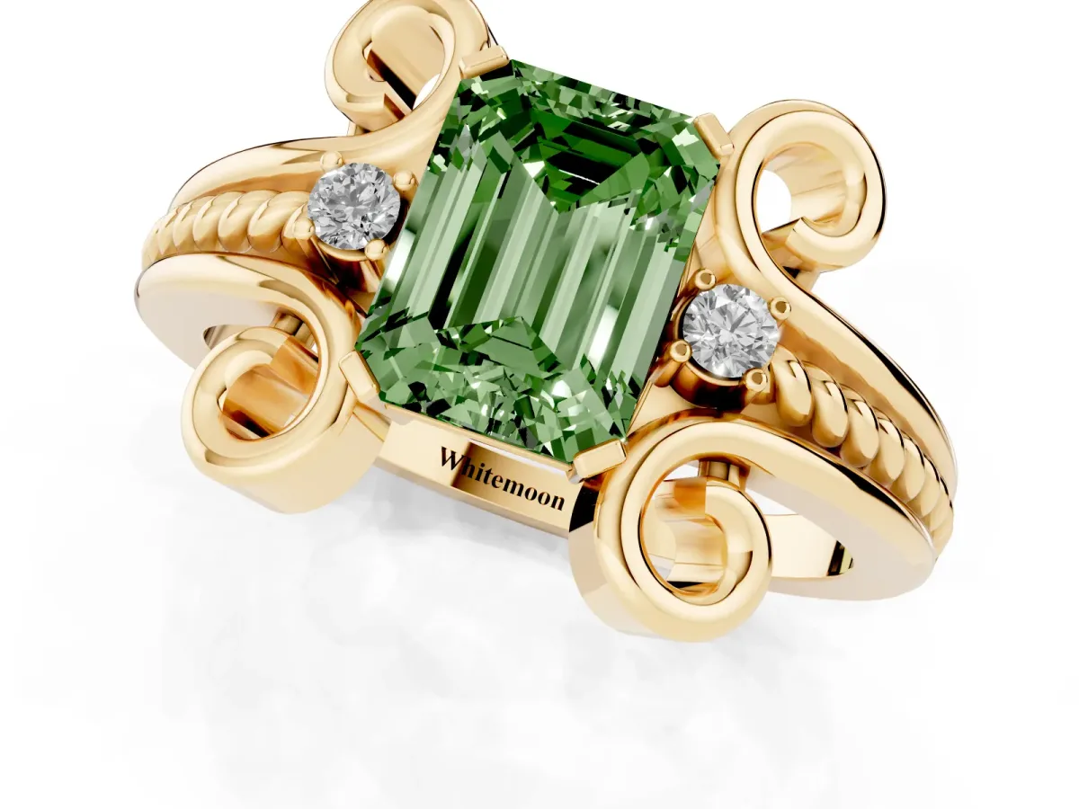 Fancy Green Emerald Cut Solitaire Twisted Band Scroll Prong Ring Yellow gold