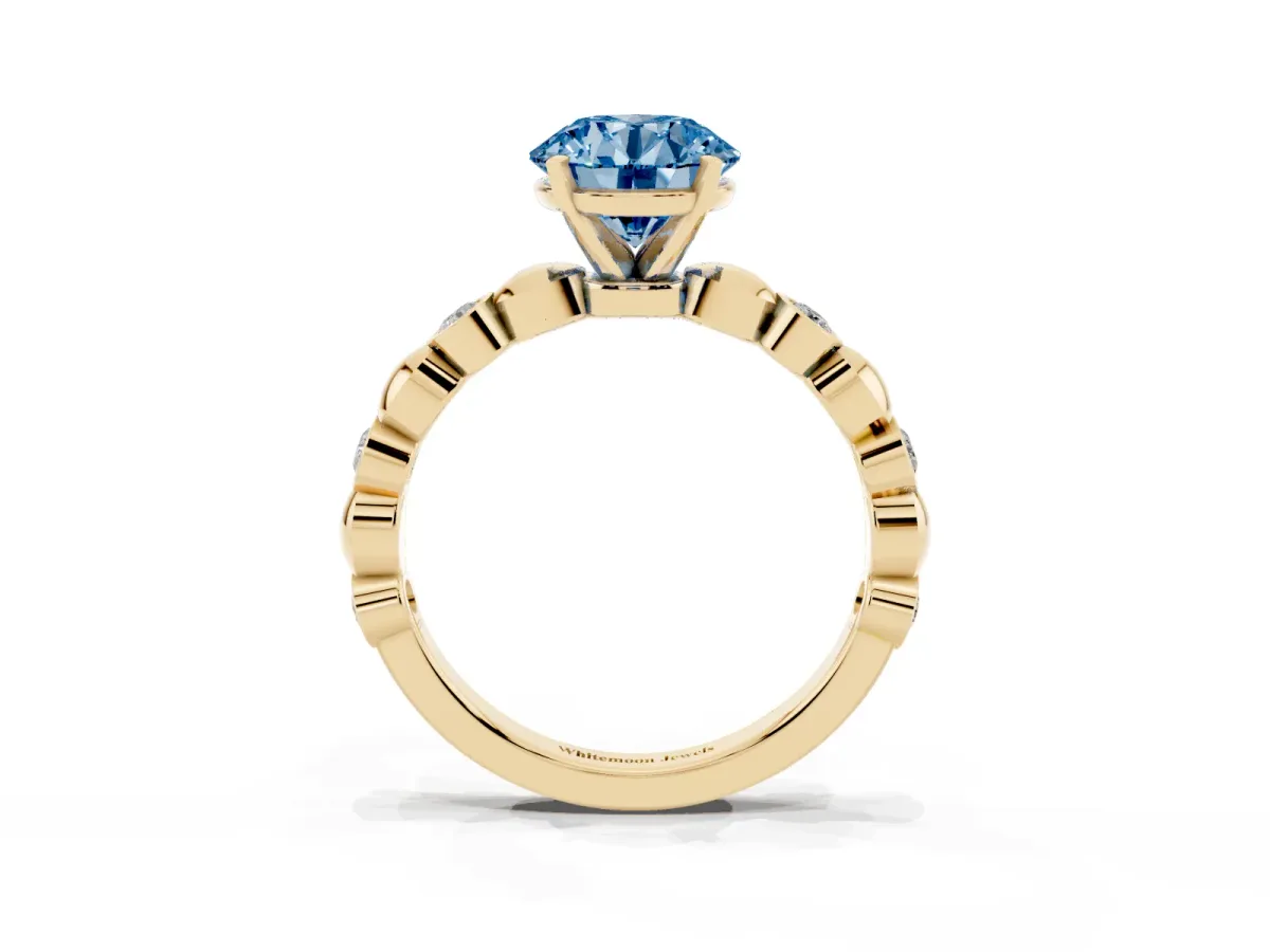 Fancy Blue Round Cut Solitaire Bezel-Set Diamond Ring with Beaded Band and Four-Prong Setting Yellow gold