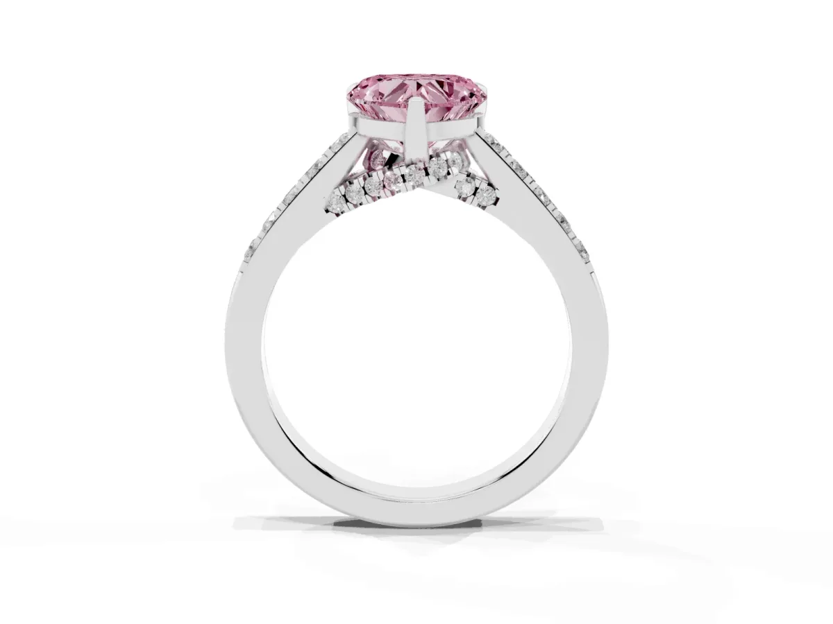 Fancy Pink Heart Cut Diamond Solitaire Ring with Crossover Gallery and Round Pavé Band White gold