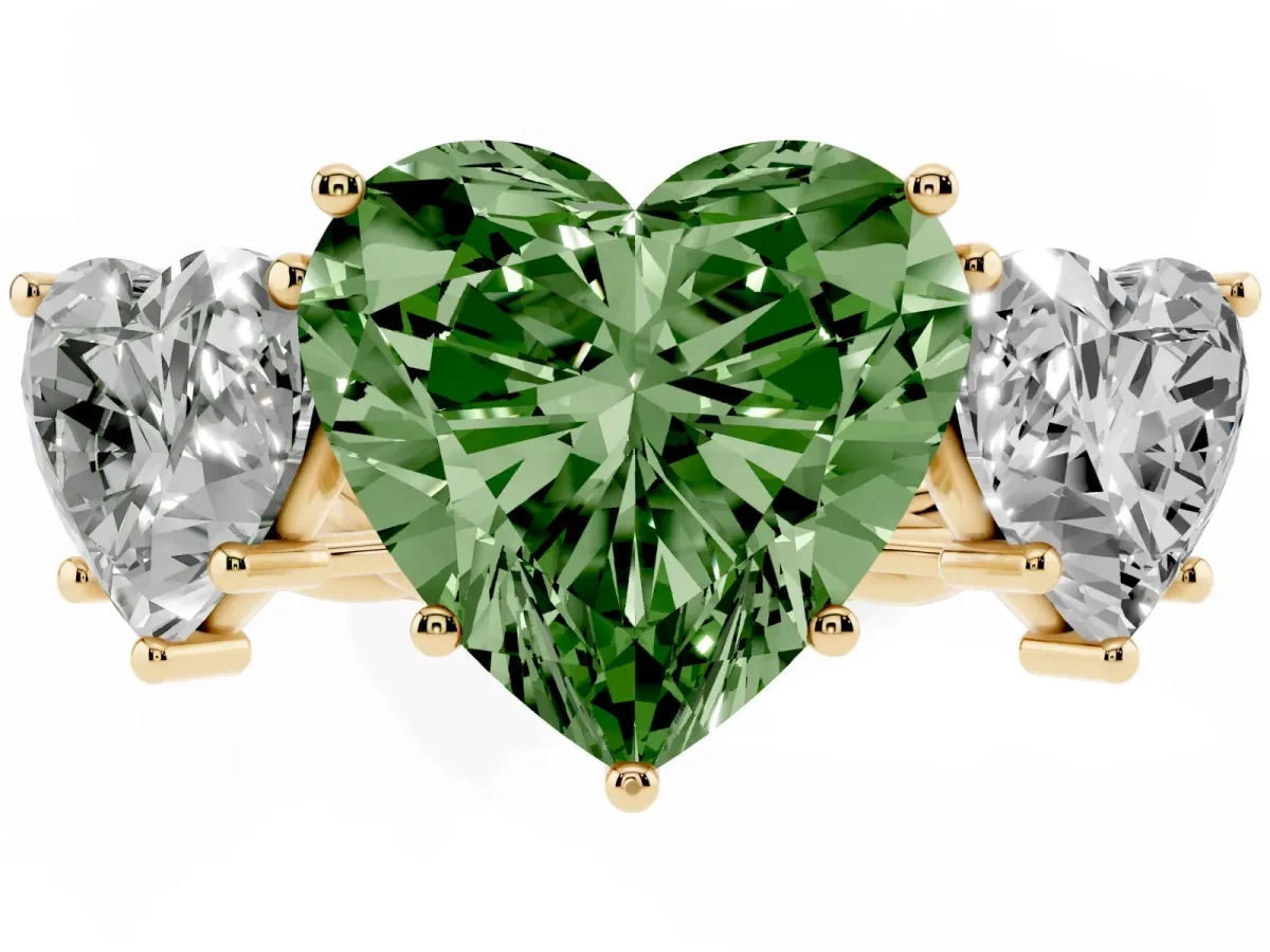 Fancy Green Three-Stone Heart Cut Diamond Braided Band Ring with Four-Prong Setting Yellow gold